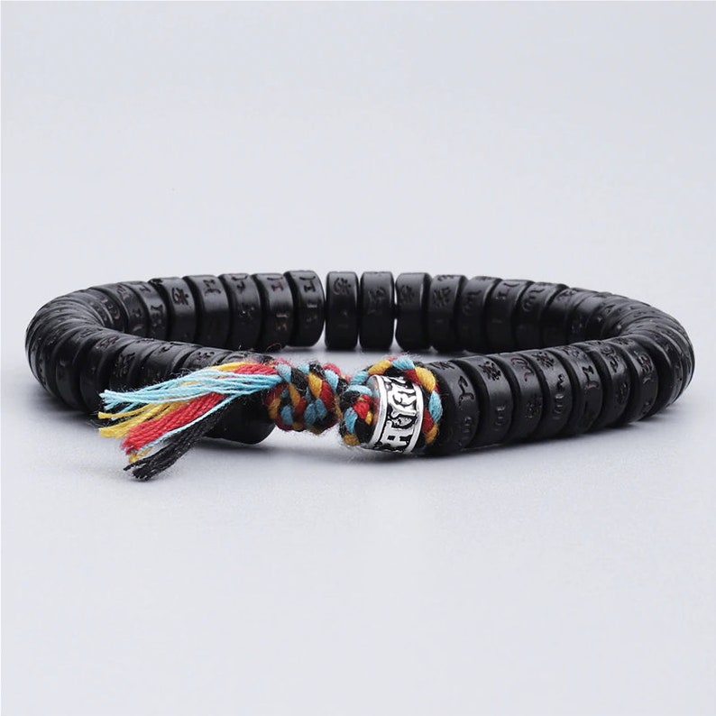 Tibetan Lucky Buddhist Black Coconut Shell Braided Bracelet, OM Mani