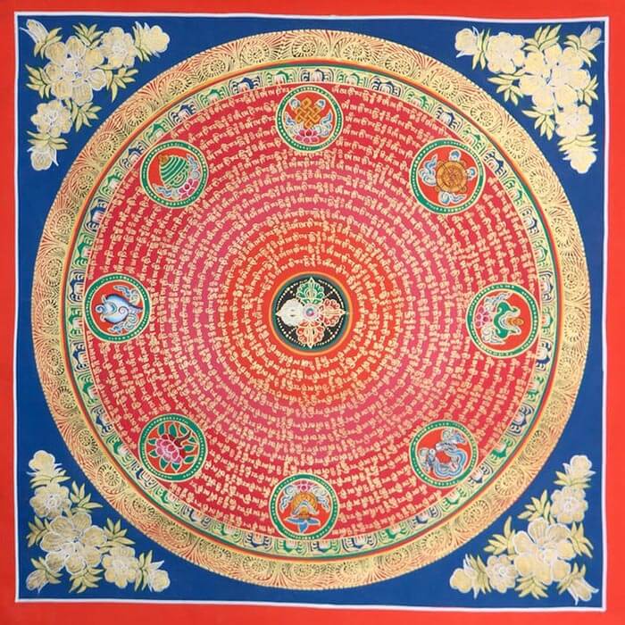 Mantra Mandala Thangka with 8 Auspicious Tibetan Symbols