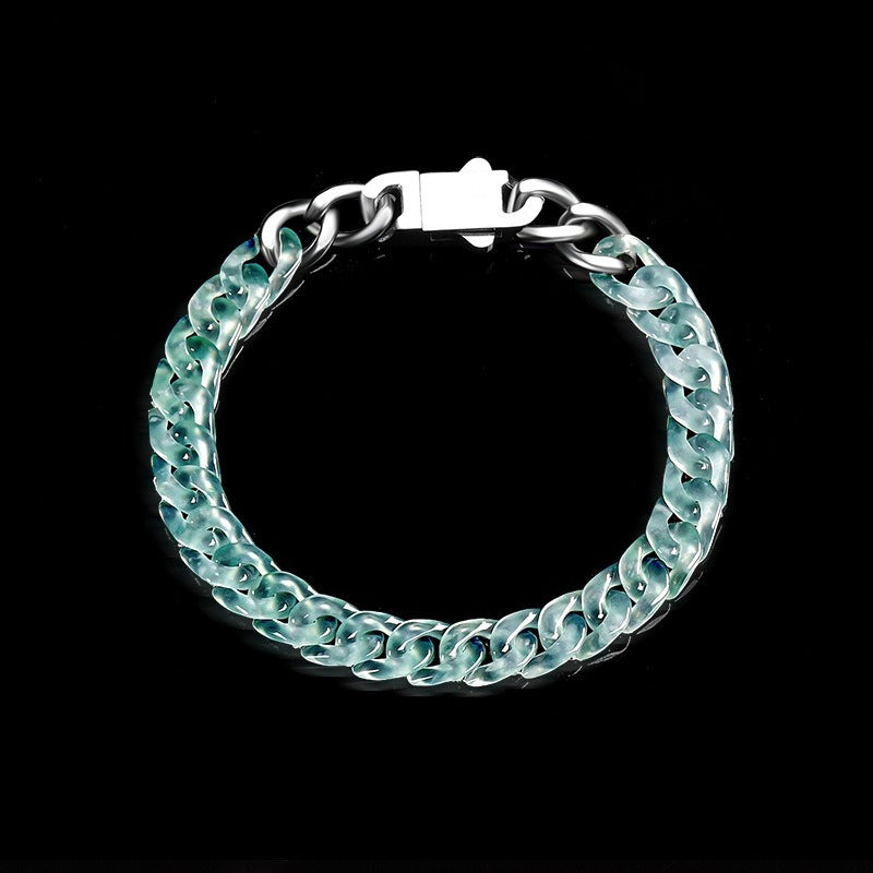 Natural A-Grade Blue Water Jadeite Cuban Link Bracelet – Ice-Type Jade, Titanium Steel, Hip-Hop Style for Men