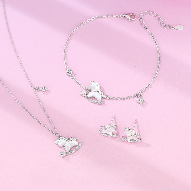 Women’s S925 Silver Starlight Cute Horse Set – Necklace, Bracelet, Earrings Niche Design Jewelry