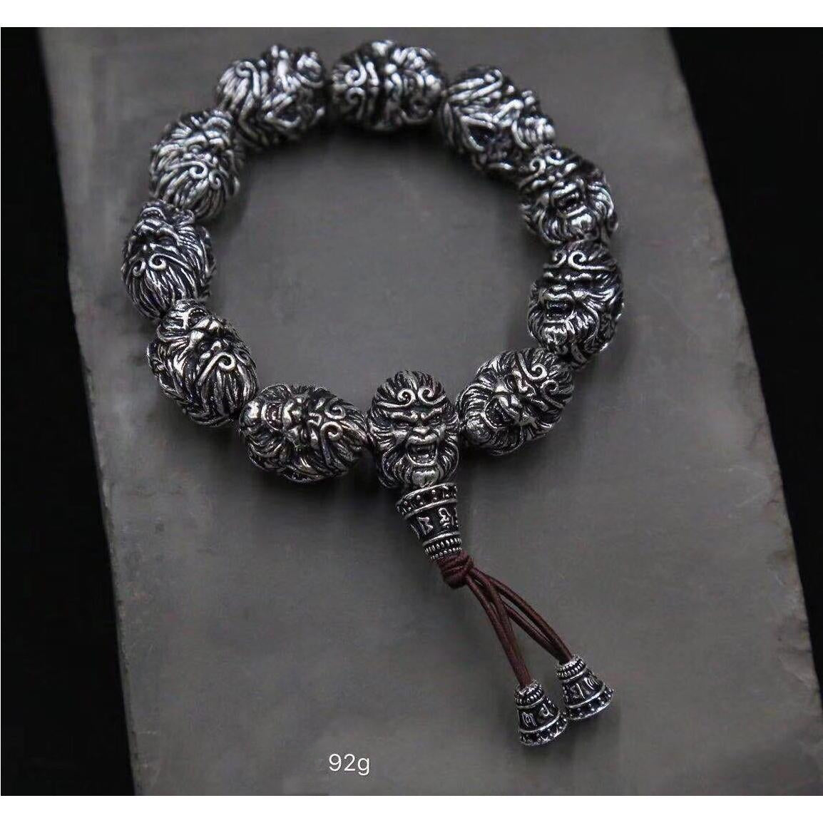 Vintage Men's Silver Bracelet Sun Wukong Fighting Buddha Beaded Bracelet