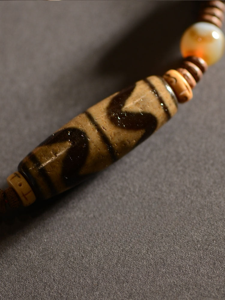 Tibetan Yellow Tiger Tooth Dzi Beads Handmade Rope Dzi Stone Beads Pendant