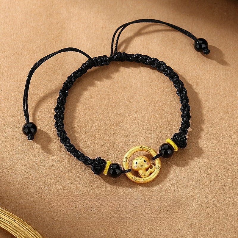 Women’s S925 Silver Peace Circle 12 Chinese Zodiac Bracelet – Woven Black Cord