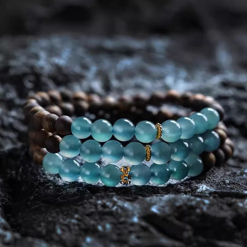 Natural Kyara Agarwood Bracelet with Premium Blue Water Ice Jadeite Multi-Layer Buddhist Prayer Beads