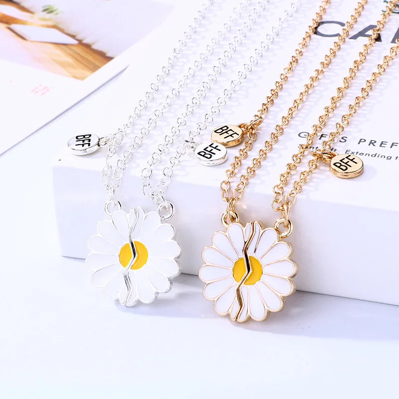 2-Color Sweet Daisy Flower Drop Pendant BFF Necklace for Women