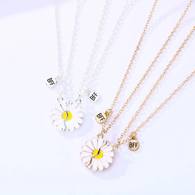 2-Color Sweet Daisy Flower Drop Pendant BFF Necklace for Women