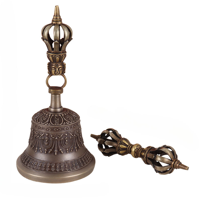 Nepalese Handmade Nine-Pronged Vajra Bell and Dorje Set in Pure Copper (Model 2)