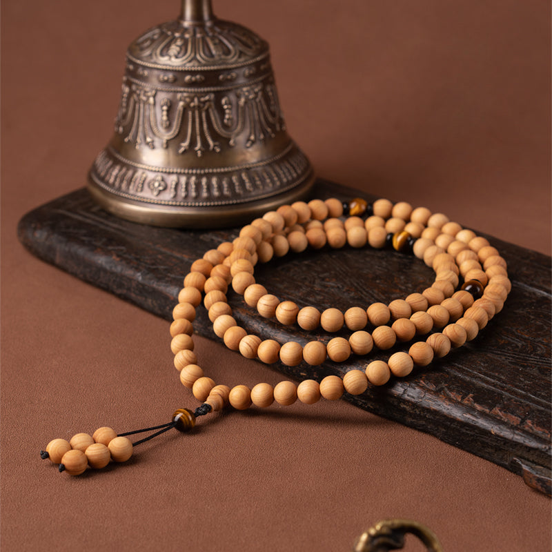 8mm Cliff Cypress 108 Bead Mala With Yellow Tiger Eye Prayer Beads