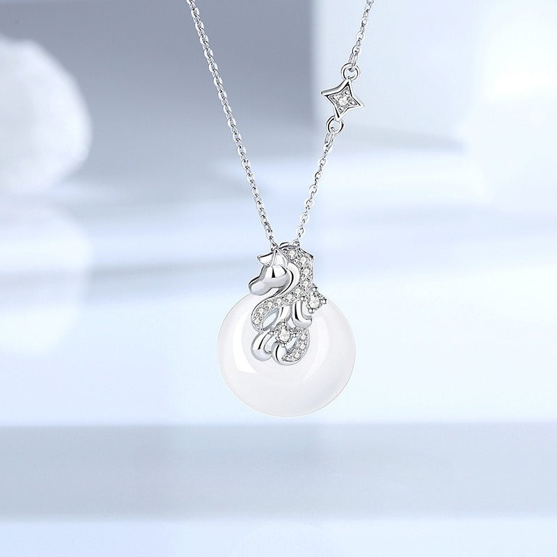 Women’s S925 Silver Star Dream Horse Peace Circle Necklace, White Jade Zodiac Horse Jewelry
