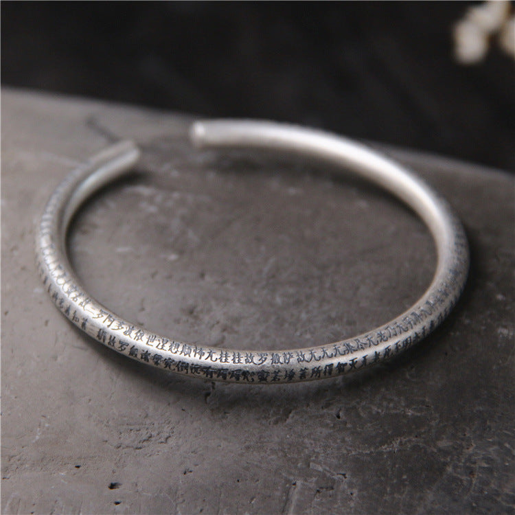 999 Pure Silver Open Cuff Bangle with Heart Sutra Design