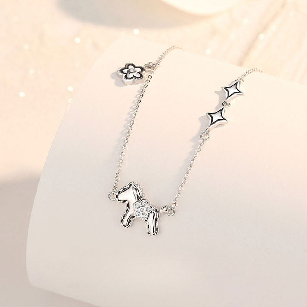S925 Silver Horse Fortune Set, Necklace & Bracelet for Wealth & Luck Zodiac Jewelry