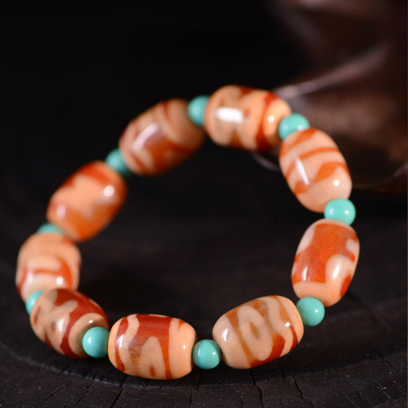 Tibetan Red and White Dzi Beads Bracelet with Turquoise Round Beads Old Agate Bracelet Random Totems