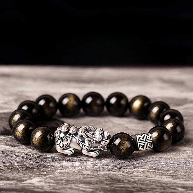 Feng Shui Bracelet Pure Silver Pixiu Bracelet Black Obsidian Men's Bracelet