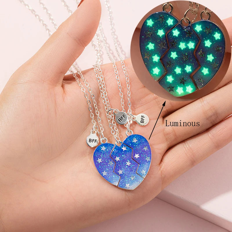 3Pcs/Set Luminous Heart Puzzle Best Friends Necklace for Women & Kids