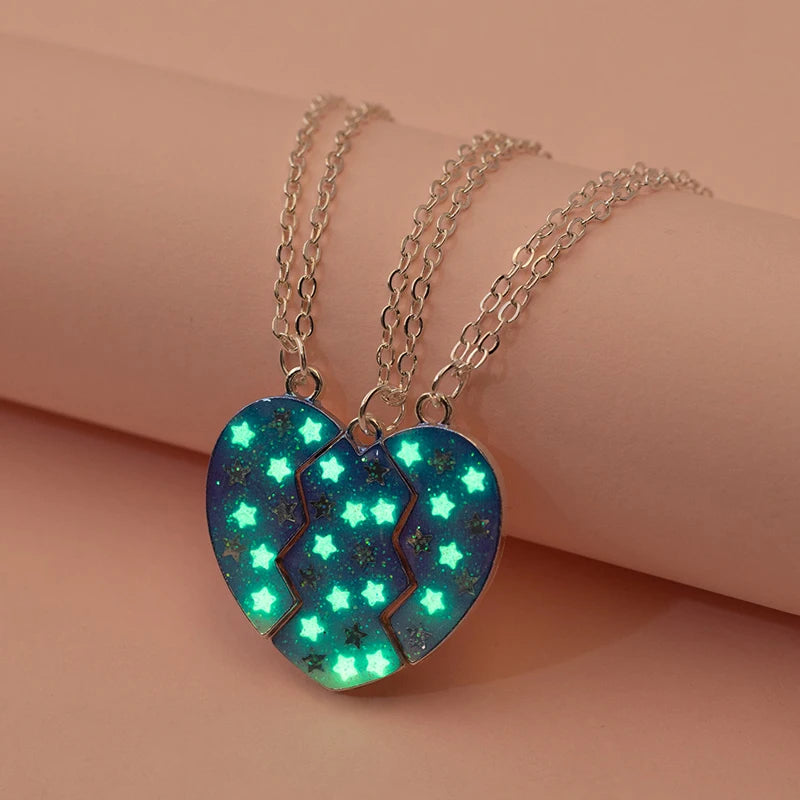 3Pcs/Set Luminous Heart Puzzle Best Friends Necklace for Women & Kids