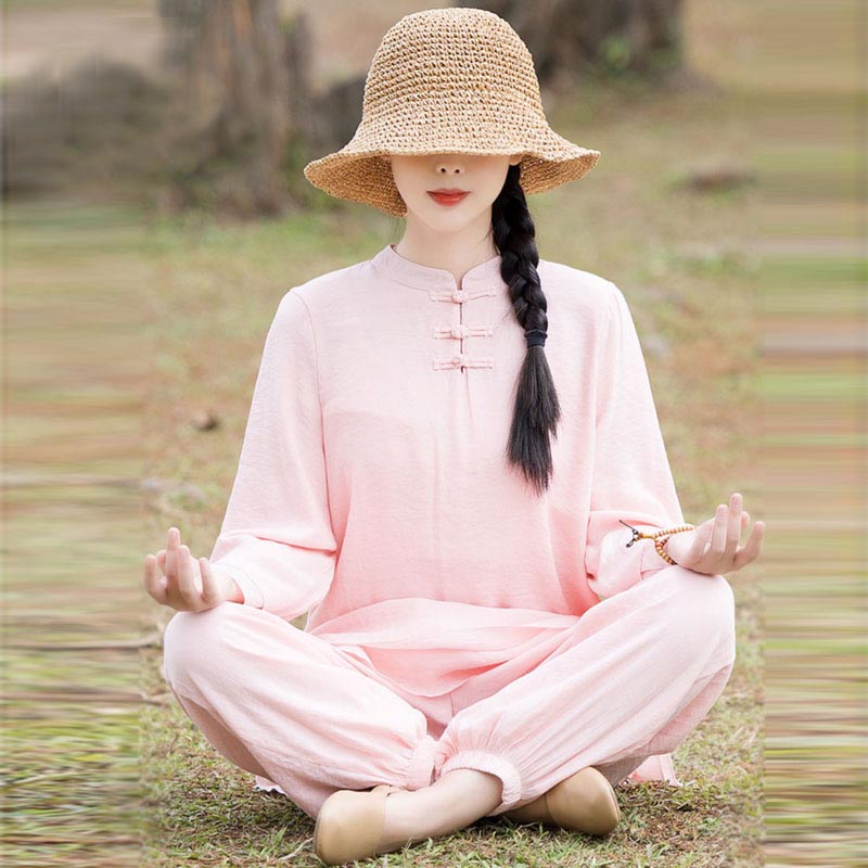 2Pcs Plain Design Top Pants Meditation Yoga  Tai Chi Cotton Linen Clothing Women's Set