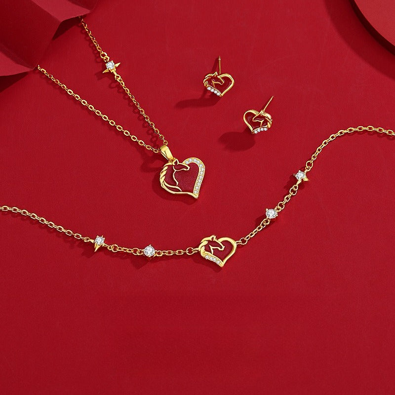 S925 Sterling Silver Year of the Horse Jewelry – Heart-shaped Diamond-Embedded Necklace, Bracelet, and Earrings