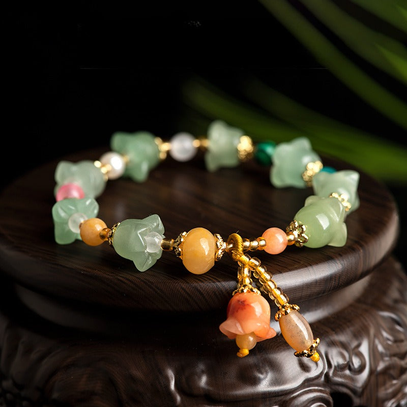 Andesine (Eastling Jade) Magnolia Flower Bracelet – Golden Silk Jade & Andesine,  Multicolor Gemstone Jewelry for Women