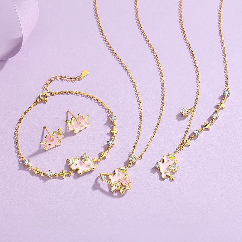 S925 Rainbow Unicorn Jewelry Collection – Necklace, Bracelet, and Earrings Set