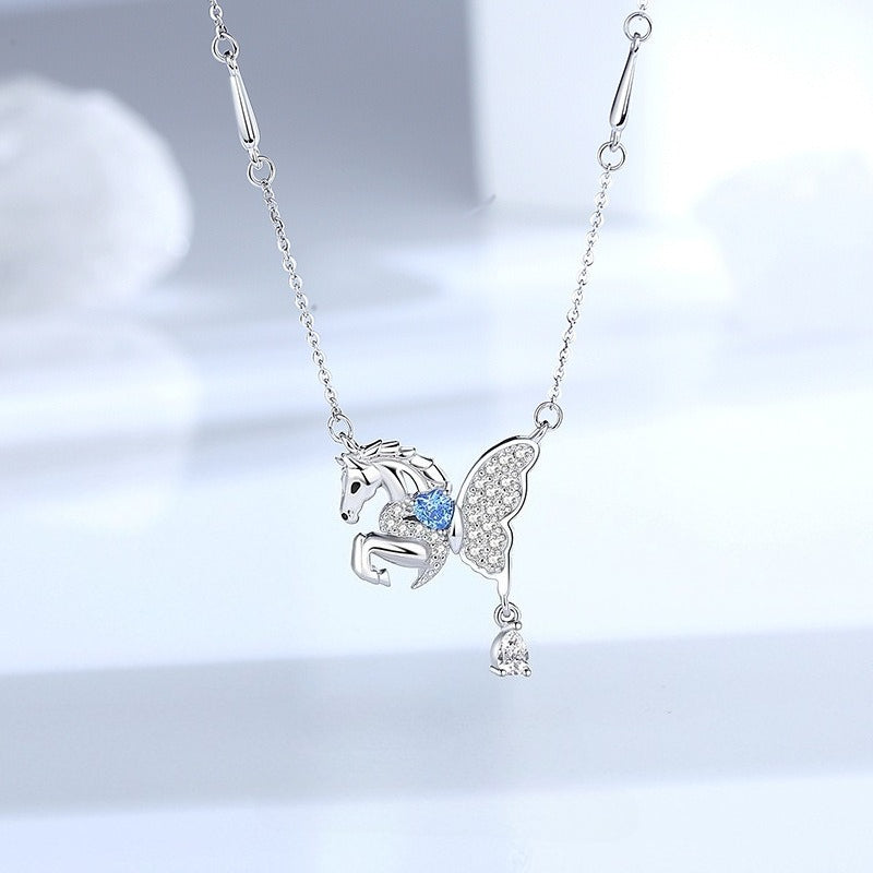 S925 Sterling Silver Butterfly Wing Flying Horse Necklace for Women – Year of the Horse Zodiac Jewelry