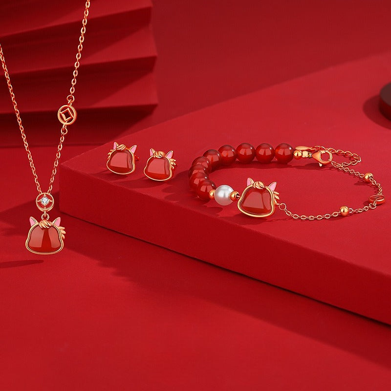 Women’s S925 Silver Cute Horse Jewelry Set – Red Agate Zodiac Horse Bracelet, Necklace, Earrings