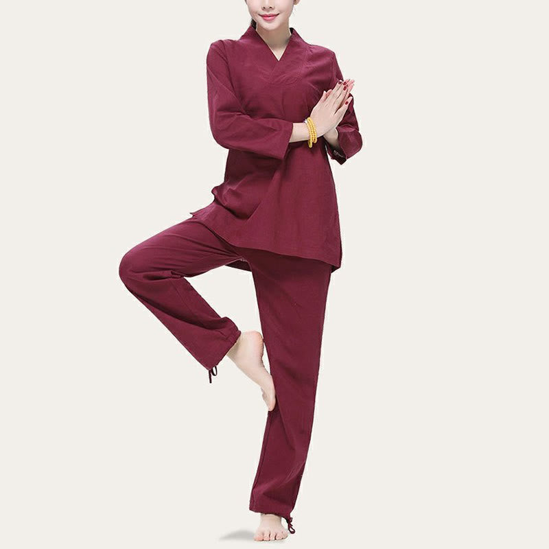 Practice Yoga Meditation  V-neck Design Uniform Cotton Linen Clothing Women's Set