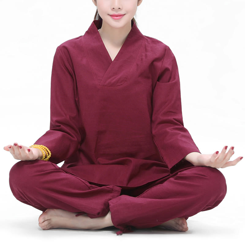 Practice Yoga Meditation  V-neck Design Uniform Cotton Linen Clothing Women's Set