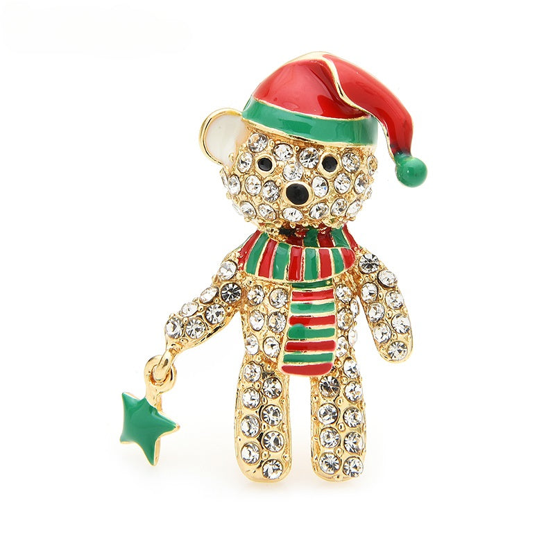 Full Rhinestone Bear Brooch Christmas Hat Enamel Pin for Women Holiday Gift