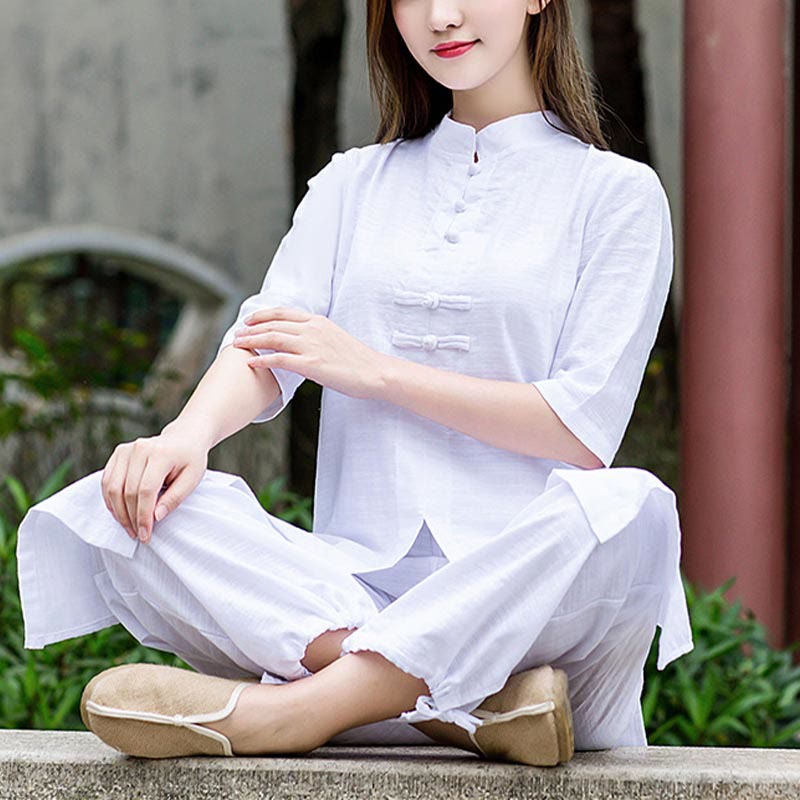 2Pcs Half Sleeve Shirt Top Pants Meditation  Tai Chi Linen Clothing Women's Set