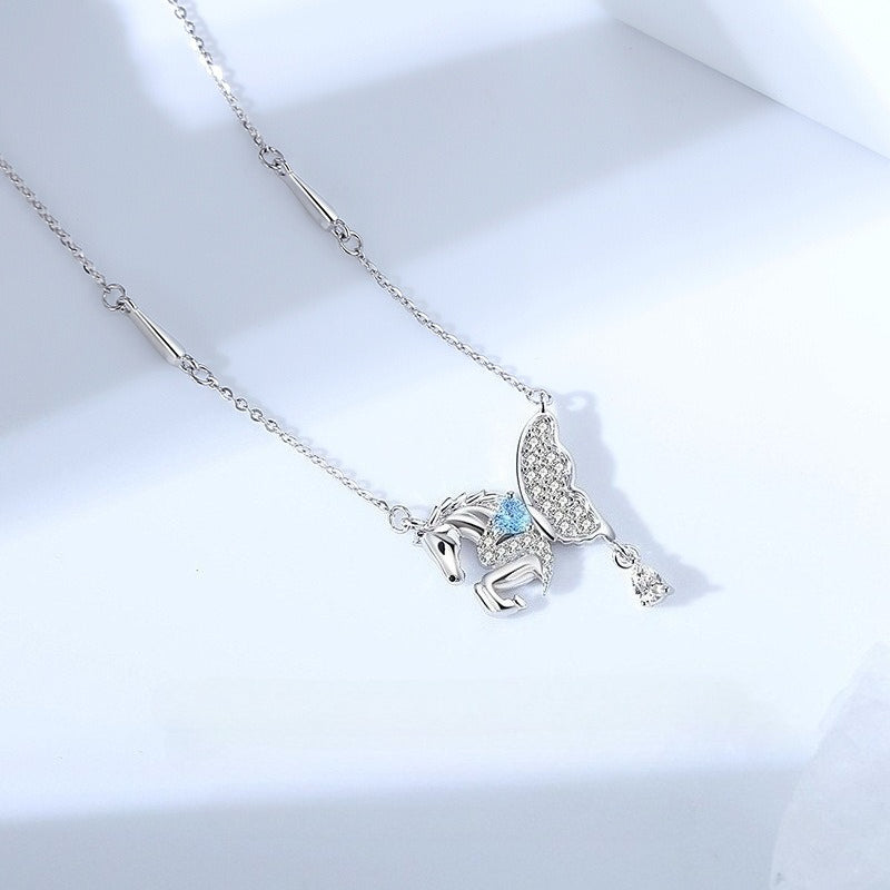 S925 Sterling Silver Butterfly Wing Flying Horse Necklace for Women – Year of the Horse Zodiac Jewelry