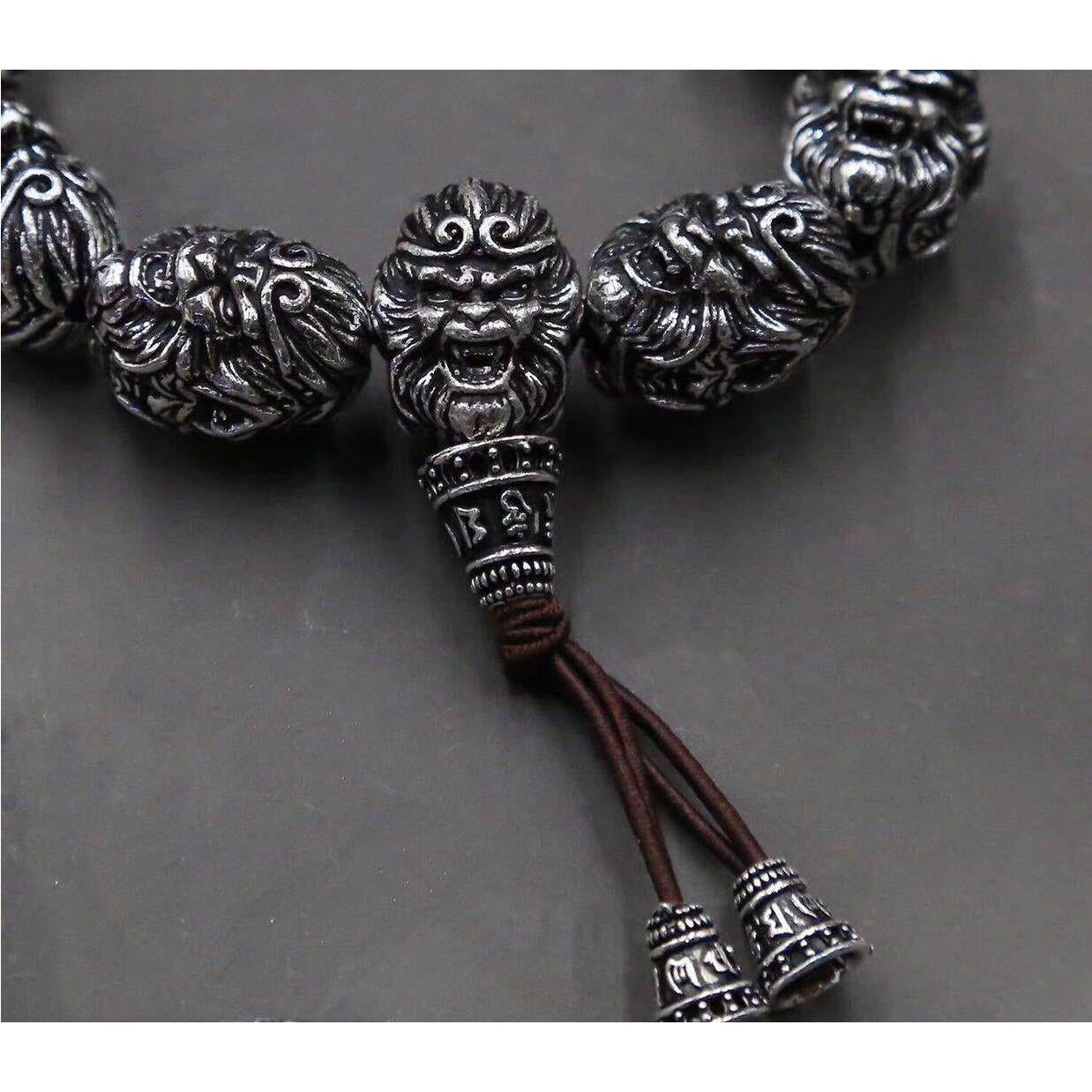 Vintage Men's Silver Bracelet Sun Wukong Fighting Buddha Beaded Bracelet