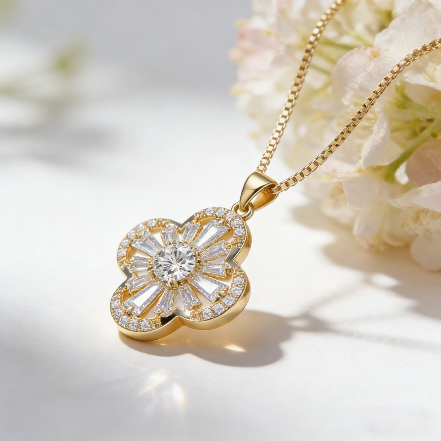 925 Sterling Silver CZ Four Leaf Clover Necklace – White Gold Color Collarbone Chain for Women