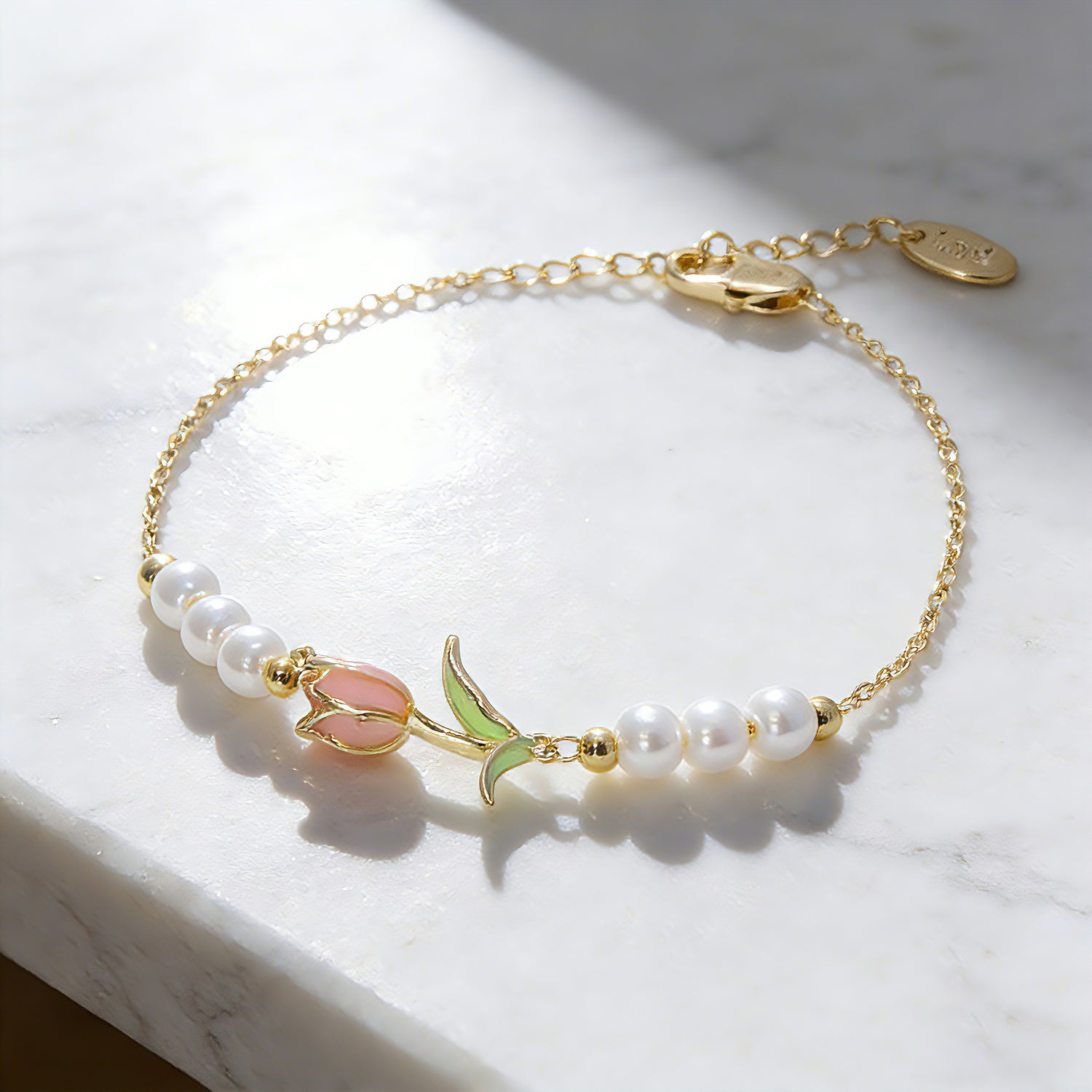 Gold Tulip Pearl Flower Bracelet