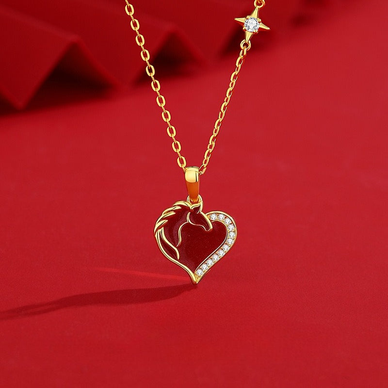 S925 Sterling Silver Year of the Horse Jewelry – Heart-shaped Diamond-Embedded Necklace, Bracelet, and Earrings