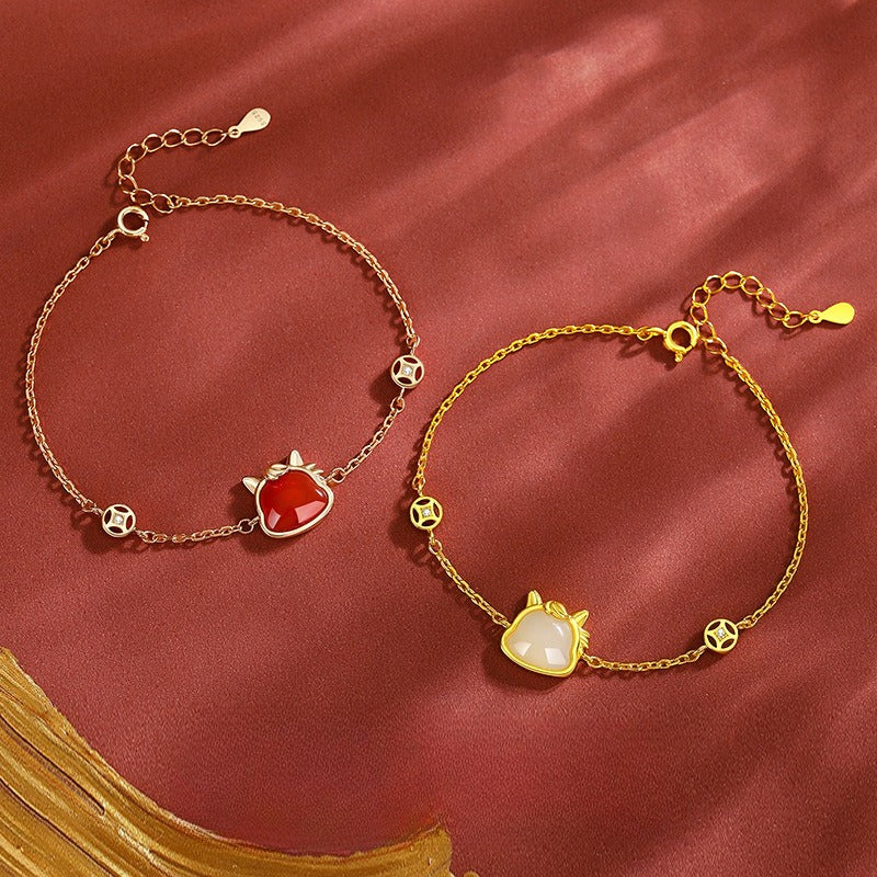 Natural Hetian Jade & Red Agate Horse Bracelet for Women, 925 Silver Chinese Zodiac Jewelry