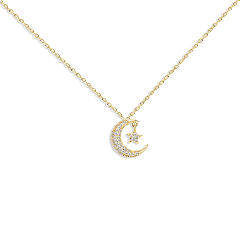 Star and Moon Zircon Pendant Necklace for Women, Sparkling CZ Clavicle Chain