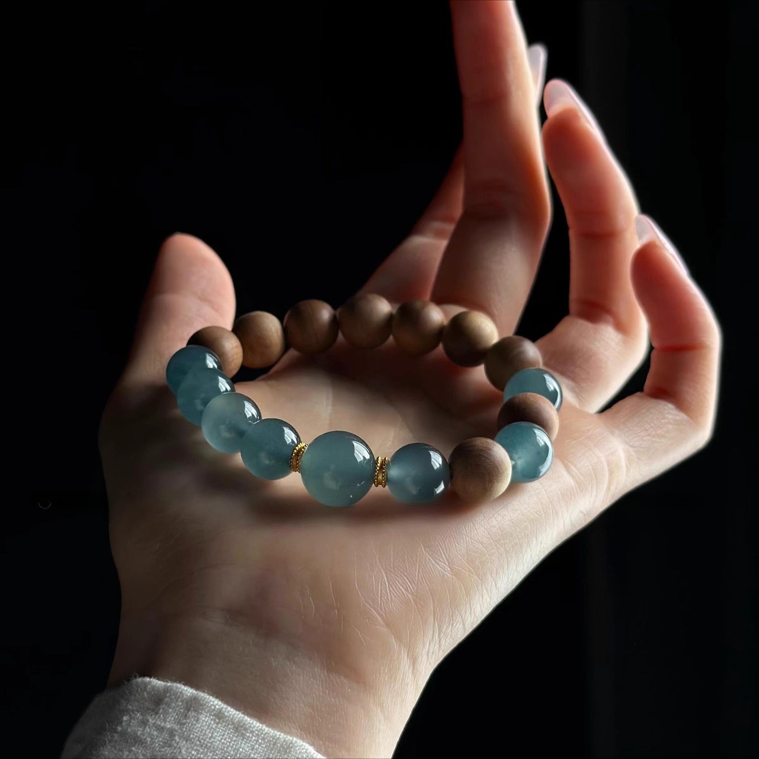 Natural Blue Water Jadeite Bracelet with 10mm Beads & Indian Old Sandalwood – Single Wrap, Unisex