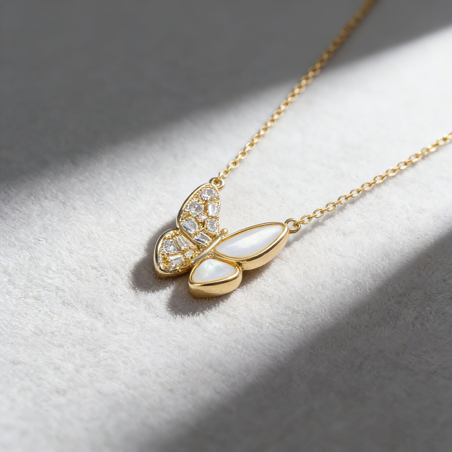 White Mother-of-Pearl Butterfly Necklace with Sparkling Zircon Stones