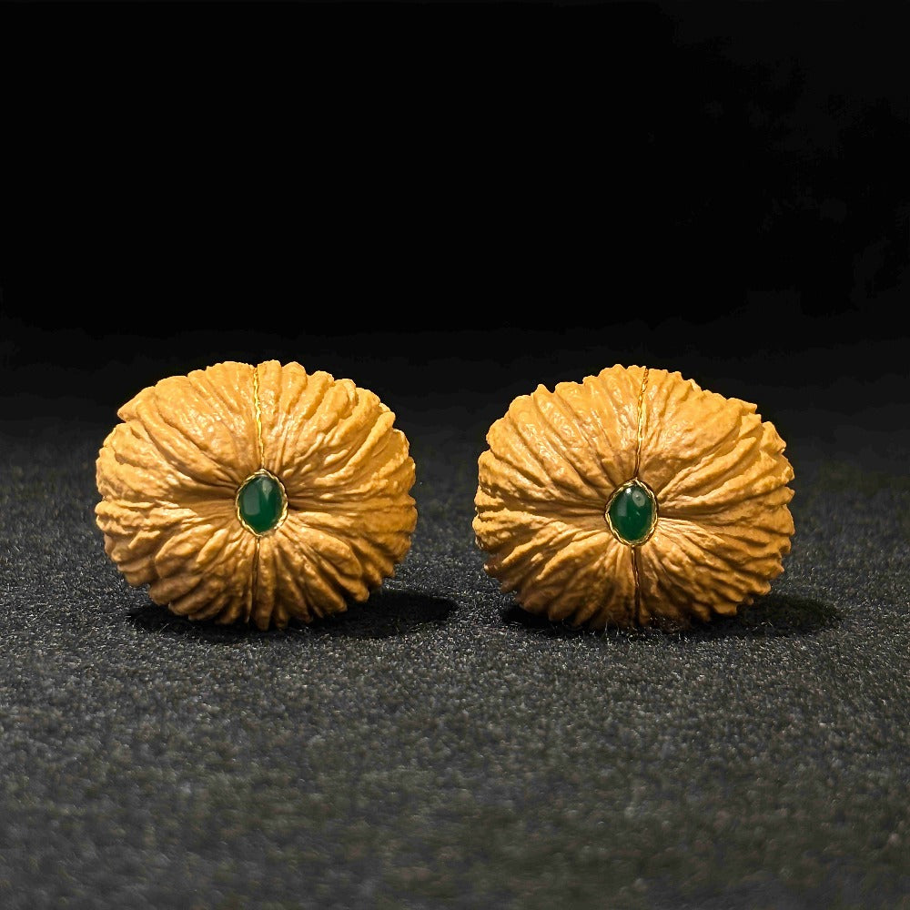 One-of-a-Kind 39mm Yuanbao Monkey Head Walnut Pair | Green Agate Inlay |