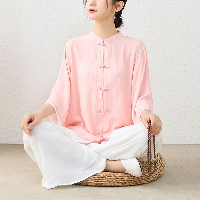 2Pcs Simple Chinese Frog Button Design Top Pants Meditation Yoga  Tai Chi Cotton Clothing Women's Set