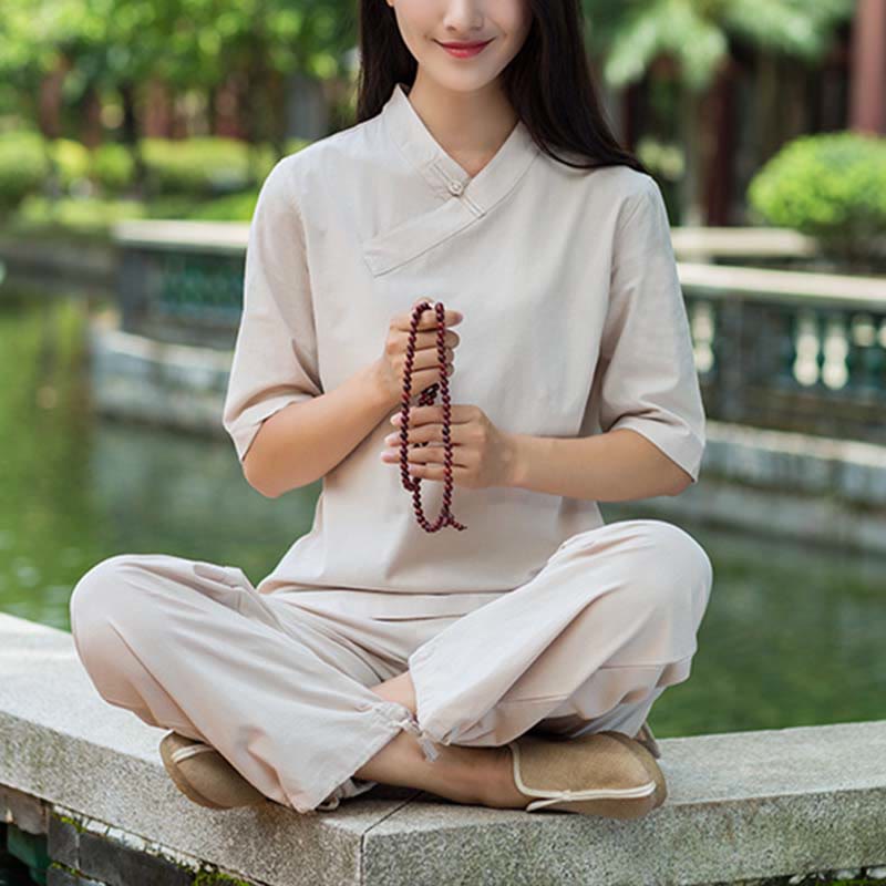 2Pcs Half Sleeve V-Neck Shirt Top Pants Meditation  Tai Chi Linen Clothing Women's Set