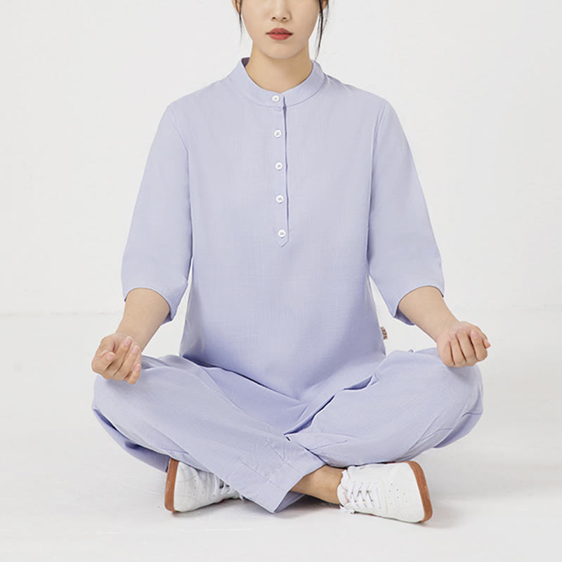 2Pcs Solid Color Three Quarter Shirt Top Pants Meditation  Tai Chi Cotton Linen Clothing Women's Set