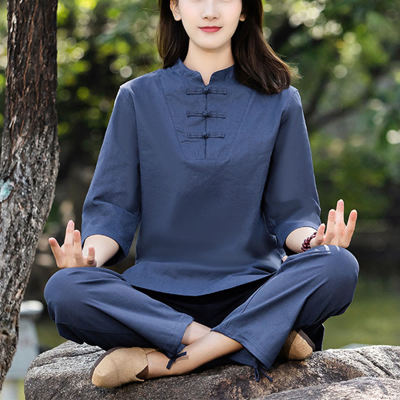 2Pcs Half Sleeve Shirt Top Pants Meditation  Tai Chi Cotton Linen Clothing Women's Set