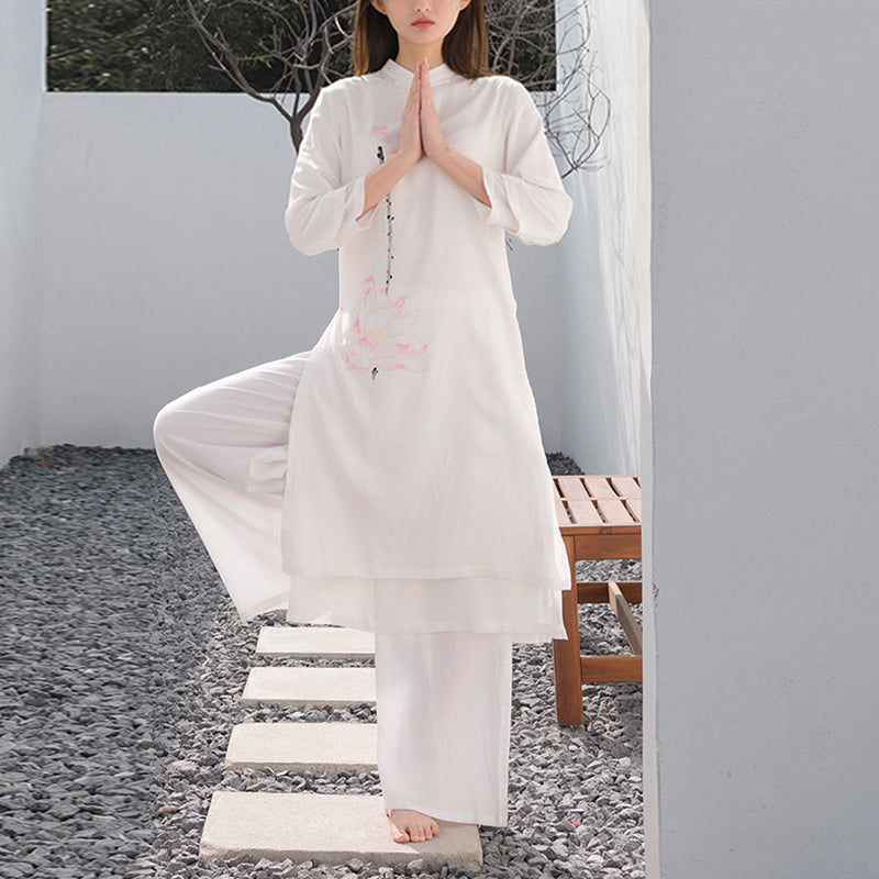 2Pcs Lotus Pattern Tai Chi Meditation Yoga Cotton Linen Clothing Top Pants Women's Set