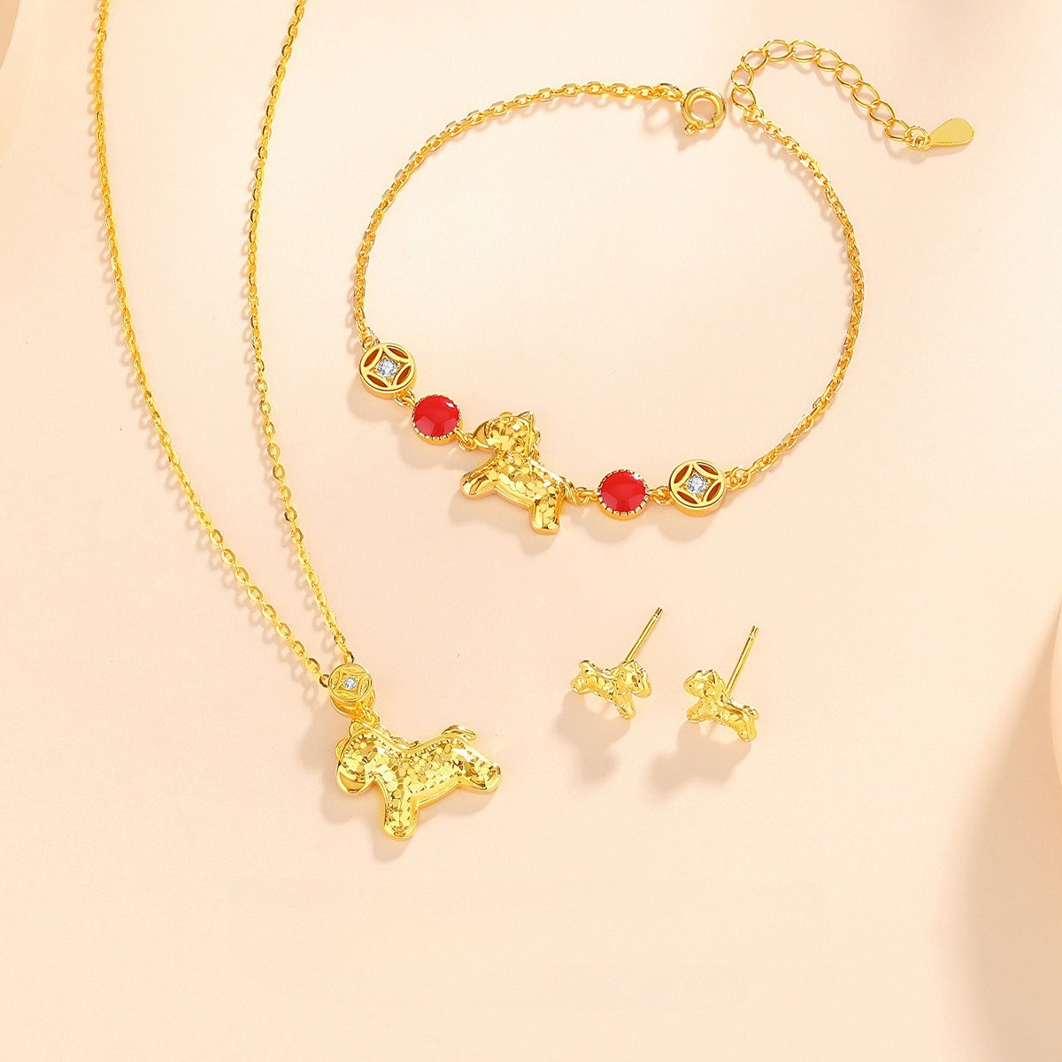 Women’s S925 Silver Ice-Textured Cute Horse Set – Necklace, Bracelet, Earrings Charms