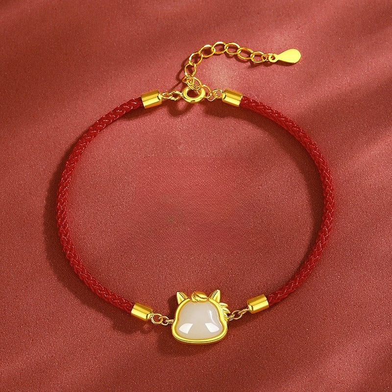 Women’s S925 Silver Hetian Jade Cute Horse Red String Bracelet, 2026 Year of the Horse Jewelry