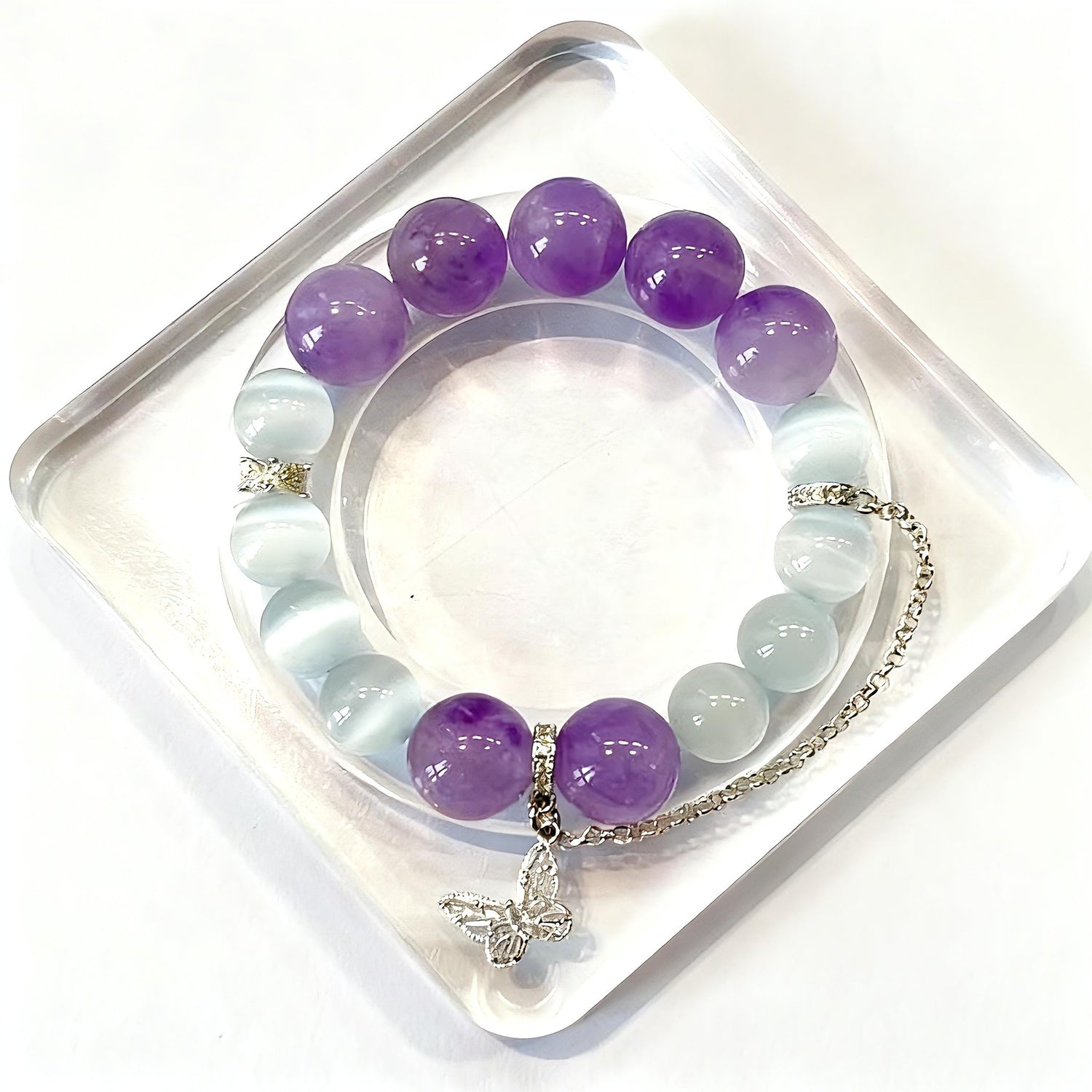 Amethyst & White Cat Eye Crystal Bracelet with Butterfly Charm – Personalized Handmade Energy Beads