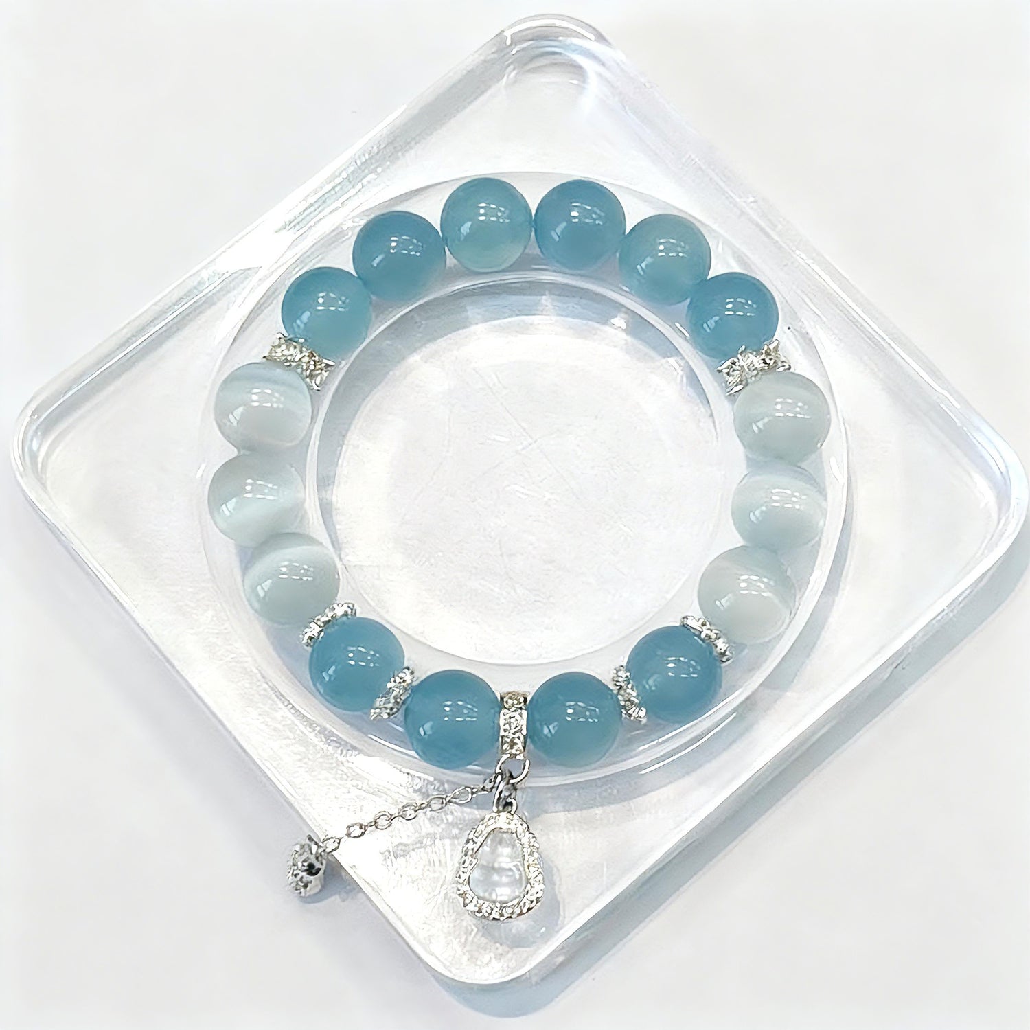 White Cat Eye & Aquamarine Crystal Bracelet with Gourd-Shaped Charm – DIY Custom Bracelet
