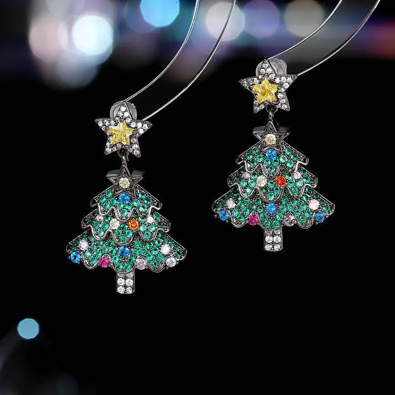 Fashion Temperament Earrings Christmas Tree Earrings with Colored Zircon Inset