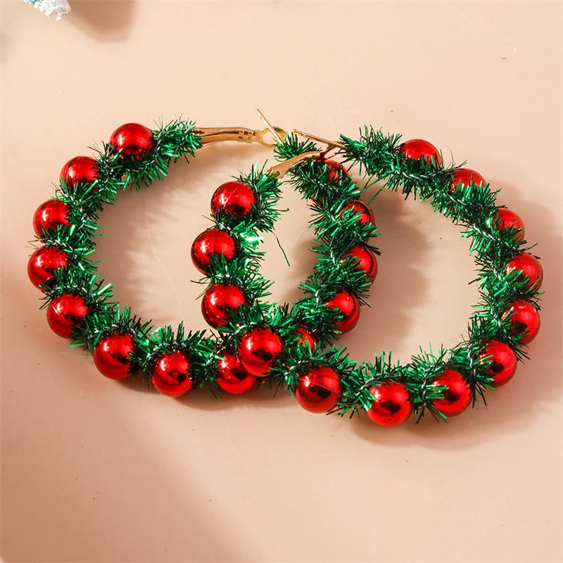 Fashion Christmas Wreath Circle Hoop Earrings for Women Girls New Year Party Festival Jewelry Gifts